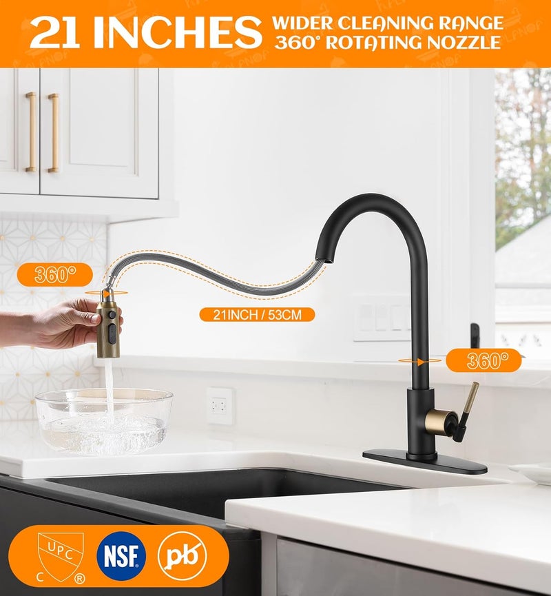 RALANDA Black and Gold Kitchen Faucet for RV & Bar Sink, Stainless Steel Kitchen Faucets with Pull-Down Sprayer Single Handle Gooseneck Design, 1/3 Hole Installation, Matte Black Finish - Image 3